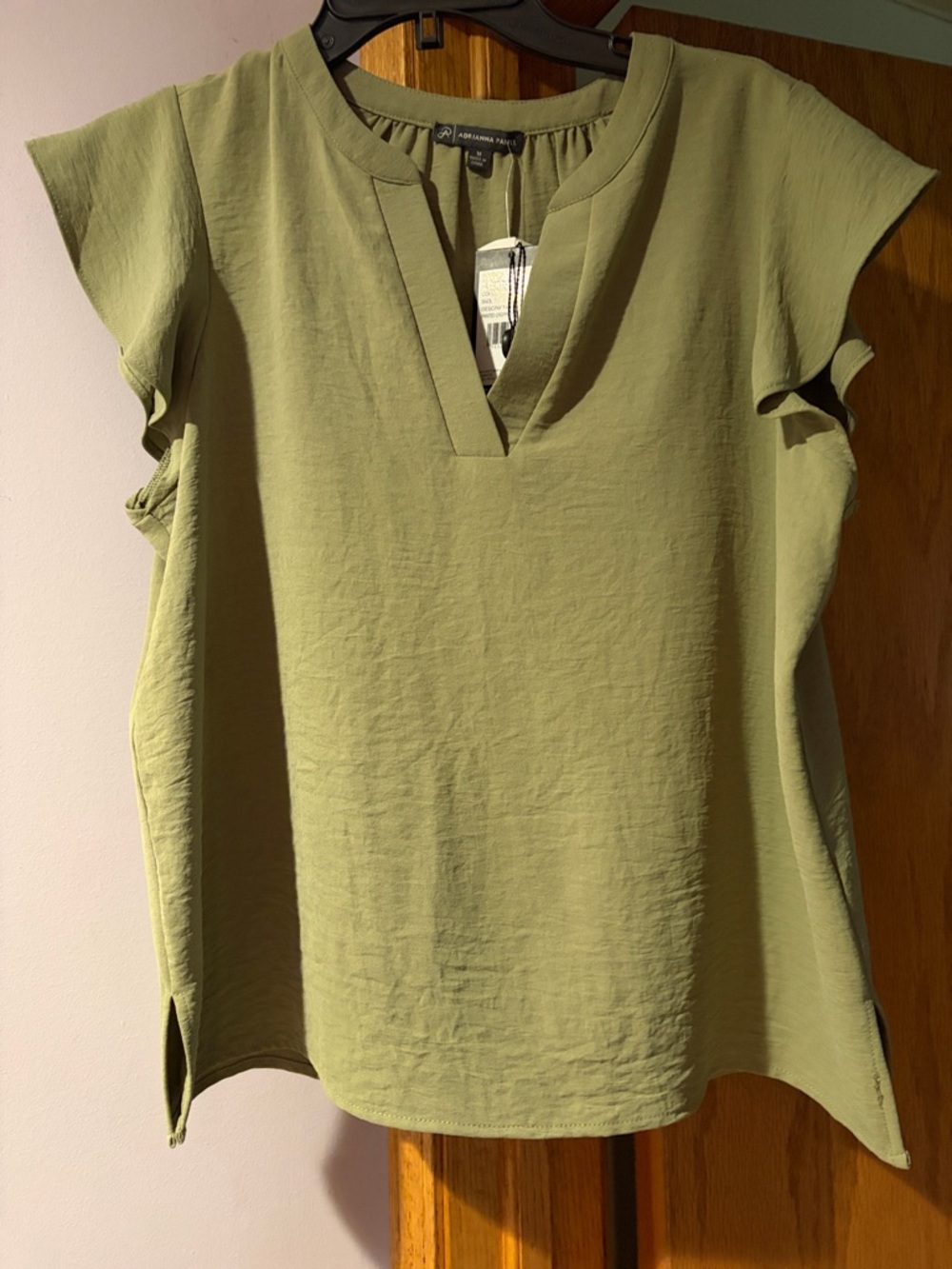 Adrianna Papell Olive Green Notch-Neck Cap Sleeve Blouse